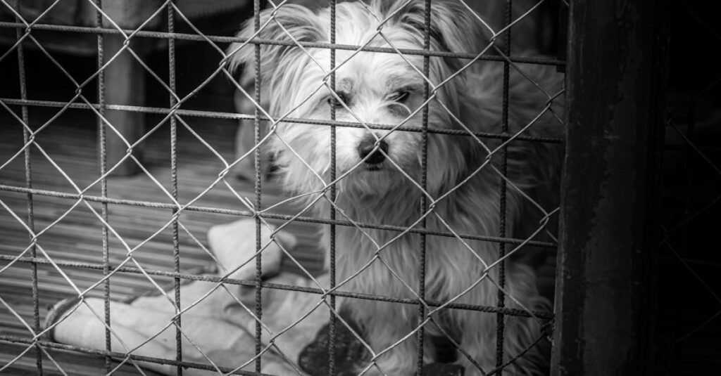 A black and white photo of a small, furry dog behind a wire cage indoors.